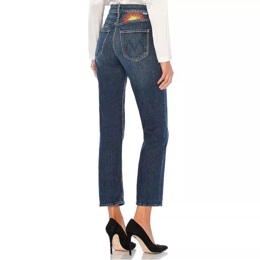 MOTHER Dark Blue Cropped Ankle Jeans with Sun Waist Embroidery